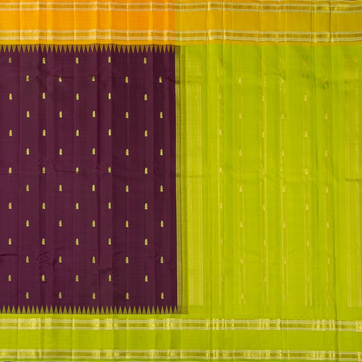 Purple And Lime Green Kanchipuram Silk Saree With Temple Korvai Ganga Jamuna Border For Festive Wear PV KNN 345