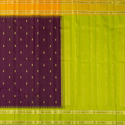 Purple And Lime Green Kanchipuram Silk Saree With Temple Korvai Ganga Jamuna Border For Festive Wear PV KNN 345