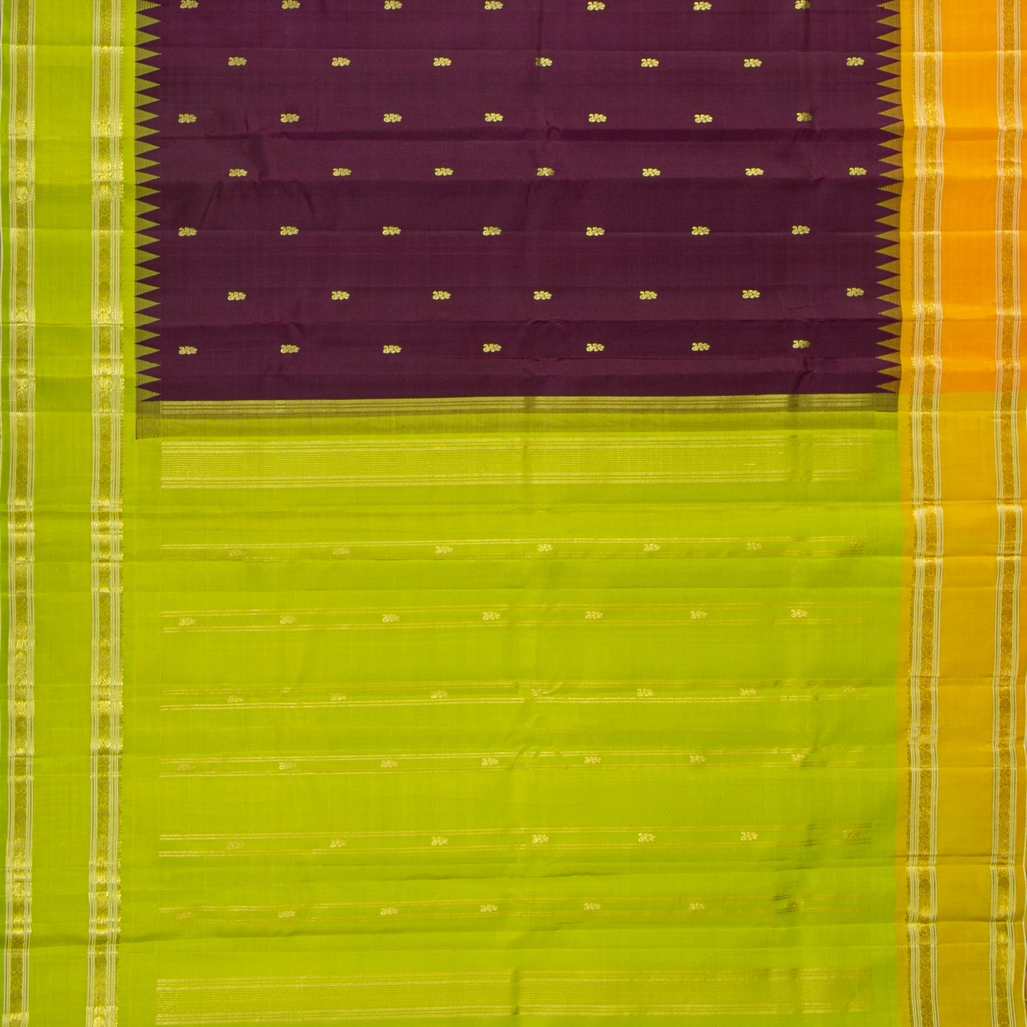 Purple And Lime Green Kanchipuram Silk Saree With Temple Korvai Ganga Jamuna Border For Festive Wear PV KNN 345