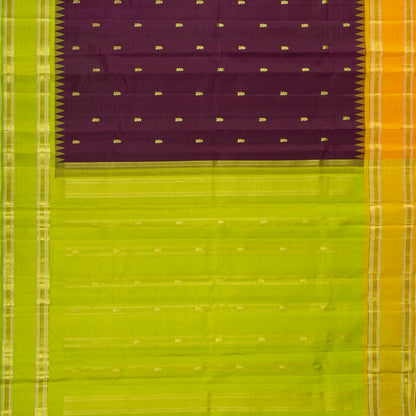 Purple And Lime Green Kanchipuram Silk Saree With Temple Korvai Ganga Jamuna Border For Festive Wear PV KNN 345