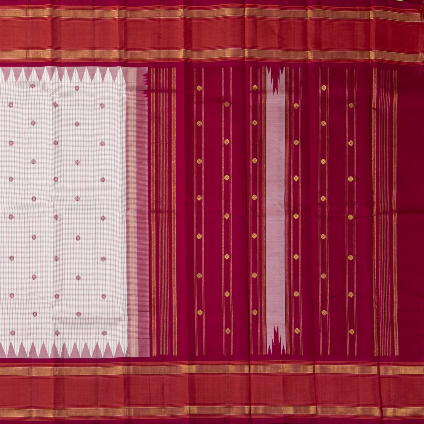 Off White And Red Kanchipuram Silk Saree For Festive Wear PV KNN 342