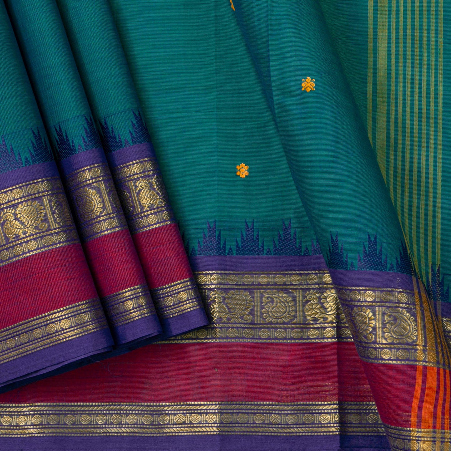 Teal And Violet Kanchi Cotton Saree For Festive Wear PV MM KC 570