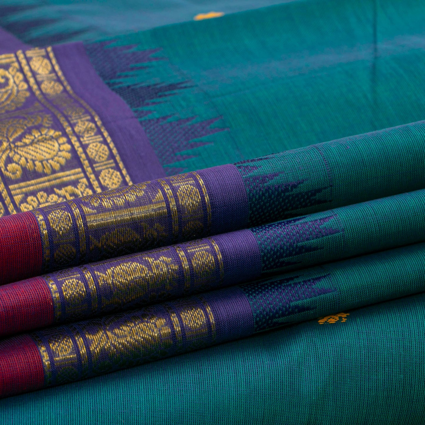 Teal And Violet Kanchi Cotton Saree For Festive Wear PV MM KC 570