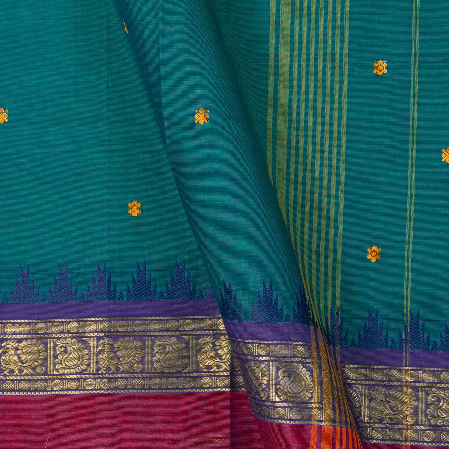 Teal And Violet Kanchi Cotton Saree For Festive Wear PV MM KC 570