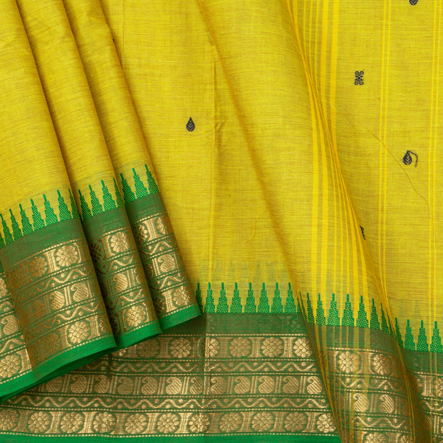 Yellow And Green Kanchi Cotton Saree For Festive Wear PV MM KC 434