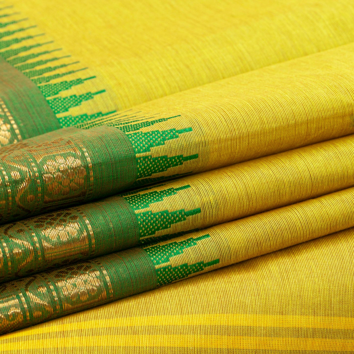 Yellow And Green Kanchi Cotton Saree For Festive Wear PV MM KC 434