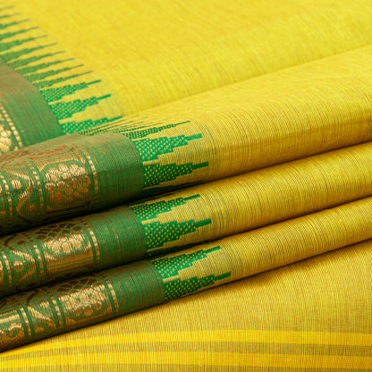 Yellow And Green Kanchi Cotton Saree For Festive Wear PV MM KC 434