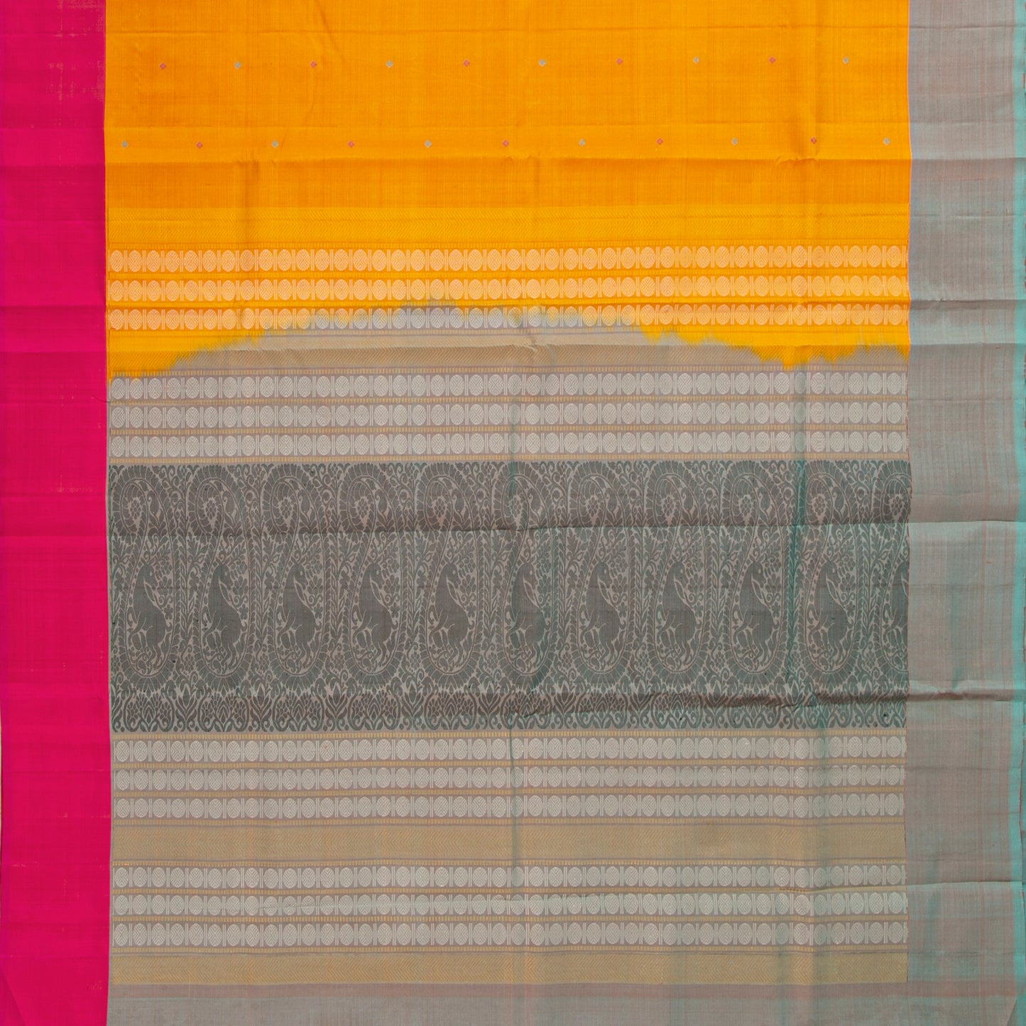 Yellow Ganga Jamuna Border Kanchipuram Silk Saree For Festive Wear PV KNN 336