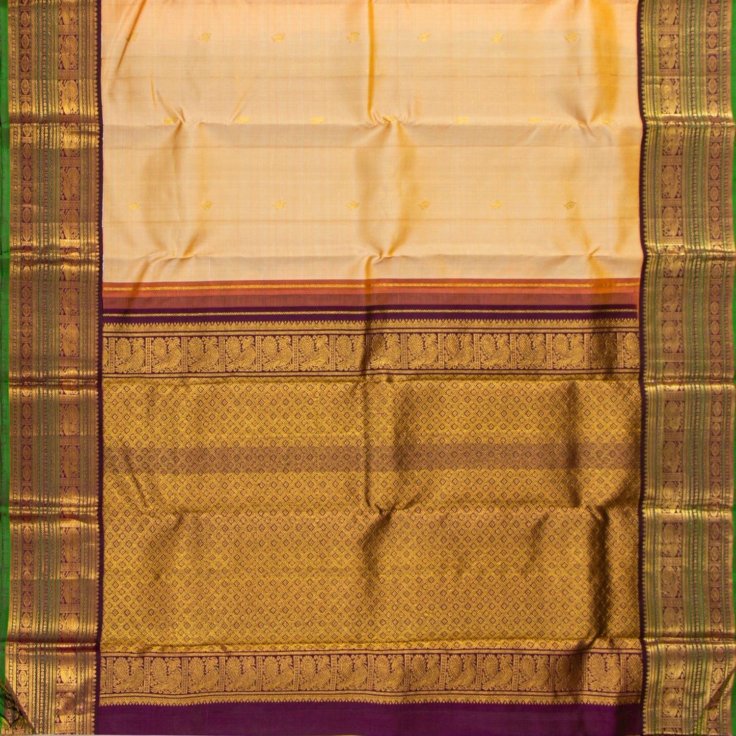 Beige And Magenta Kanchipuram Silk Saree For Festive Wear PV J 2043