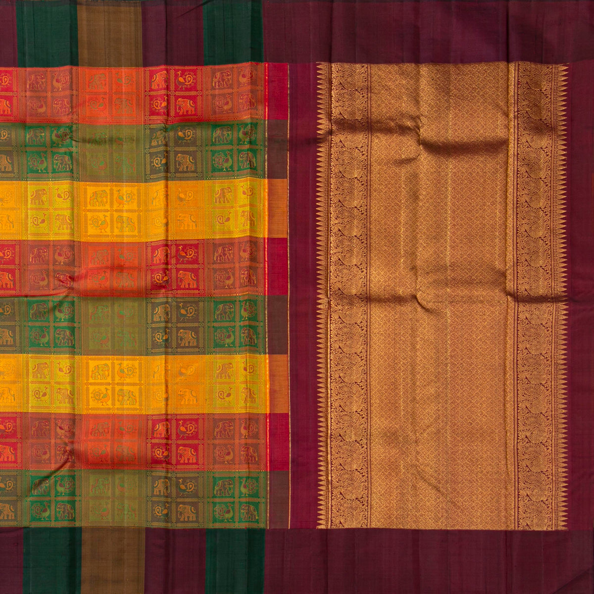 Multi Colour Checks Odisha Pattern Weave Kanchipuram Silk Saree For Festive Wear PV J 1874