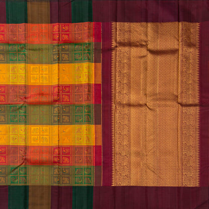 Multi Colour Checks Odisha Pattern Weave Kanchipuram Silk Saree For Festive Wear PV J 1874