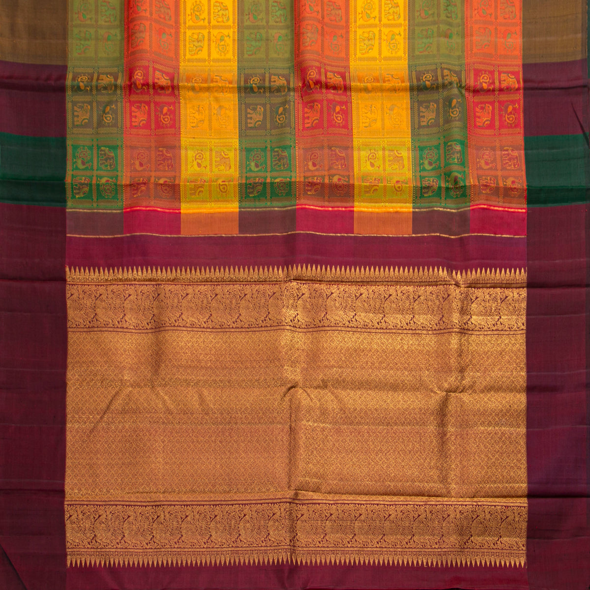 Multi Colour Checks Odisha Pattern Weave Kanchipuram Silk Saree For Festive Wear PV J 1874