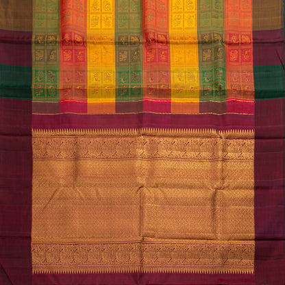 Multi Colour Checks Odisha Pattern Weave Kanchipuram Silk Saree For Festive Wear PV J 1874
