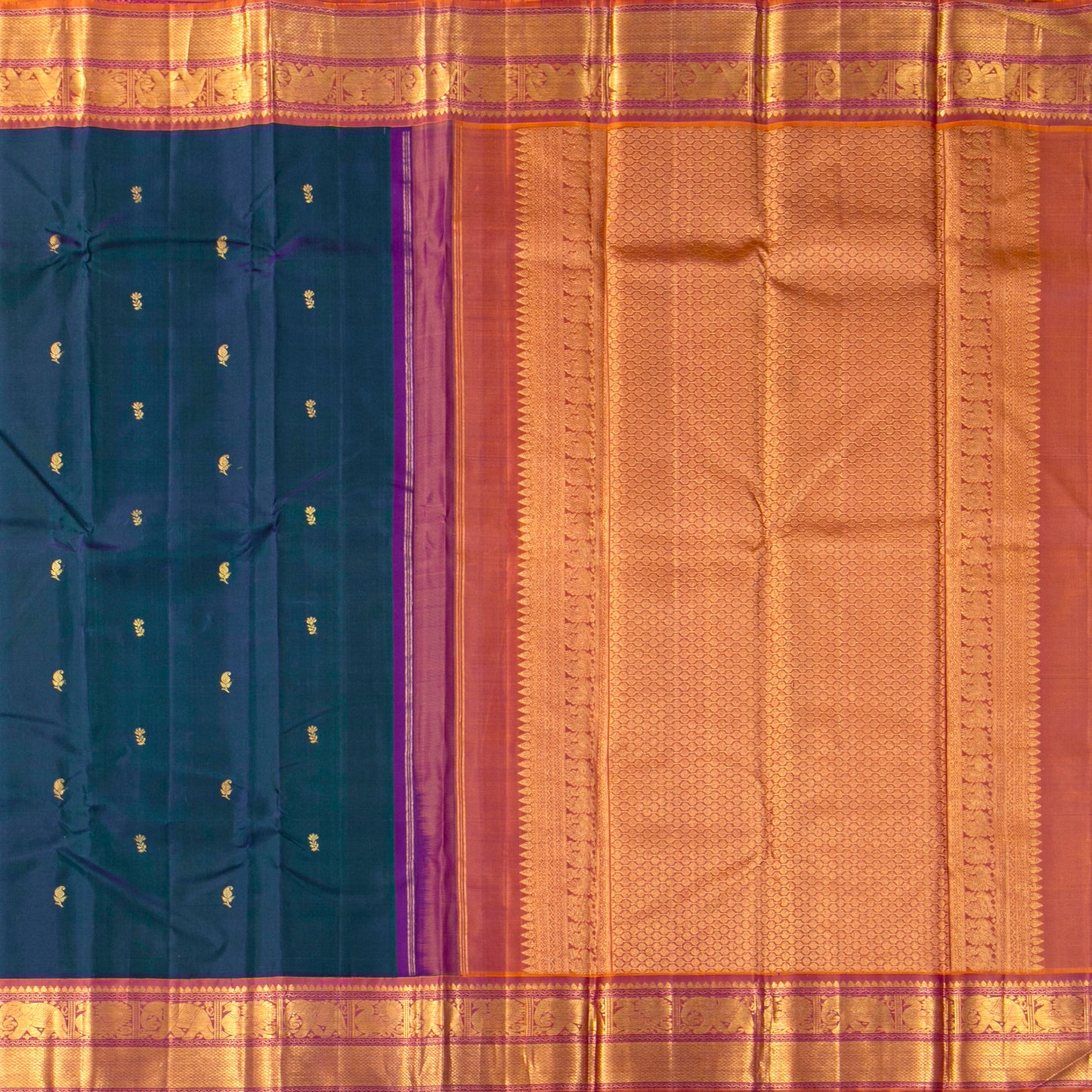 Dark Teal Green And Purple Kanchipuram Silk Saree For Wedding Wear PV J 1018