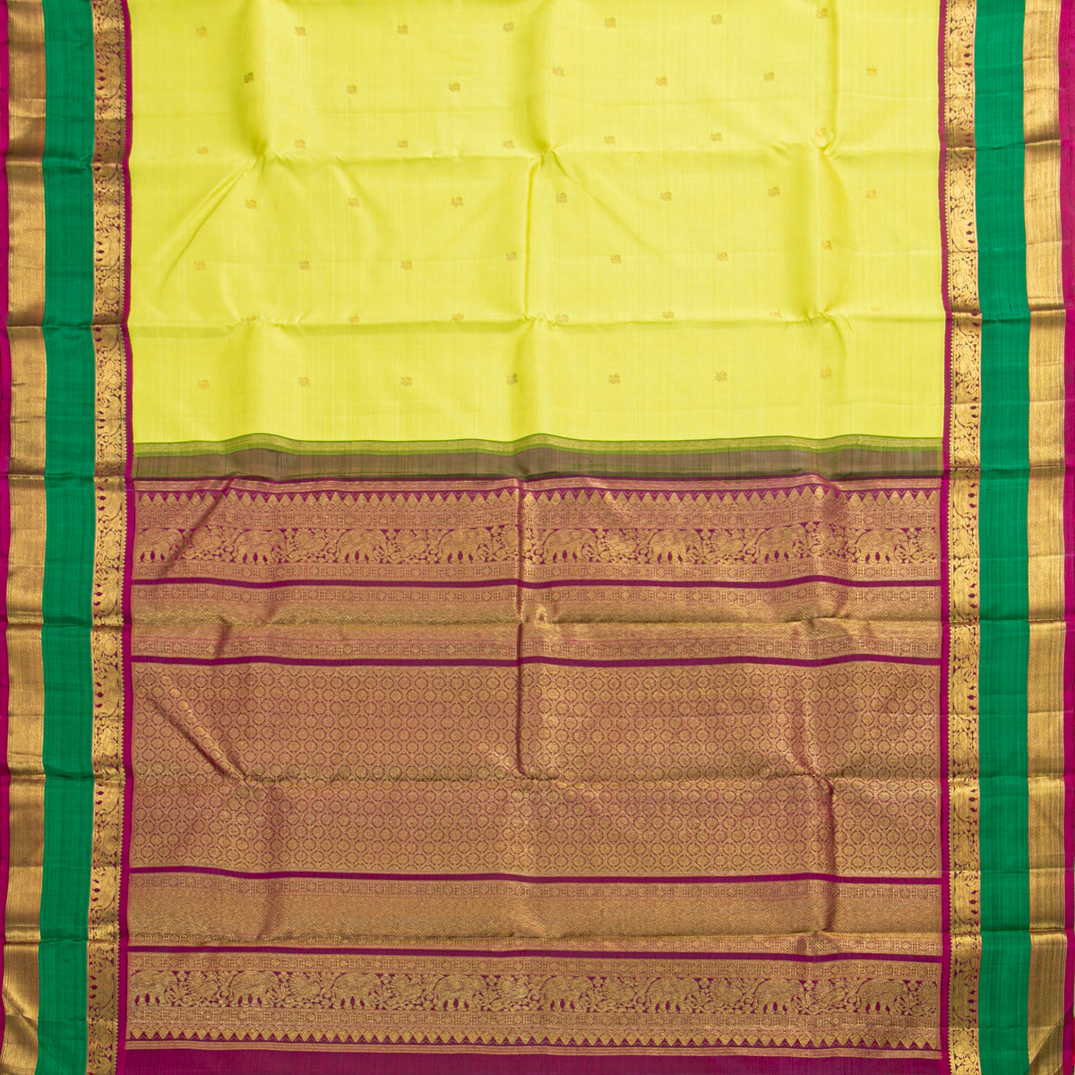 Green And Magenta Kanchipuram Silk Saree For Festive Wear PV J 676