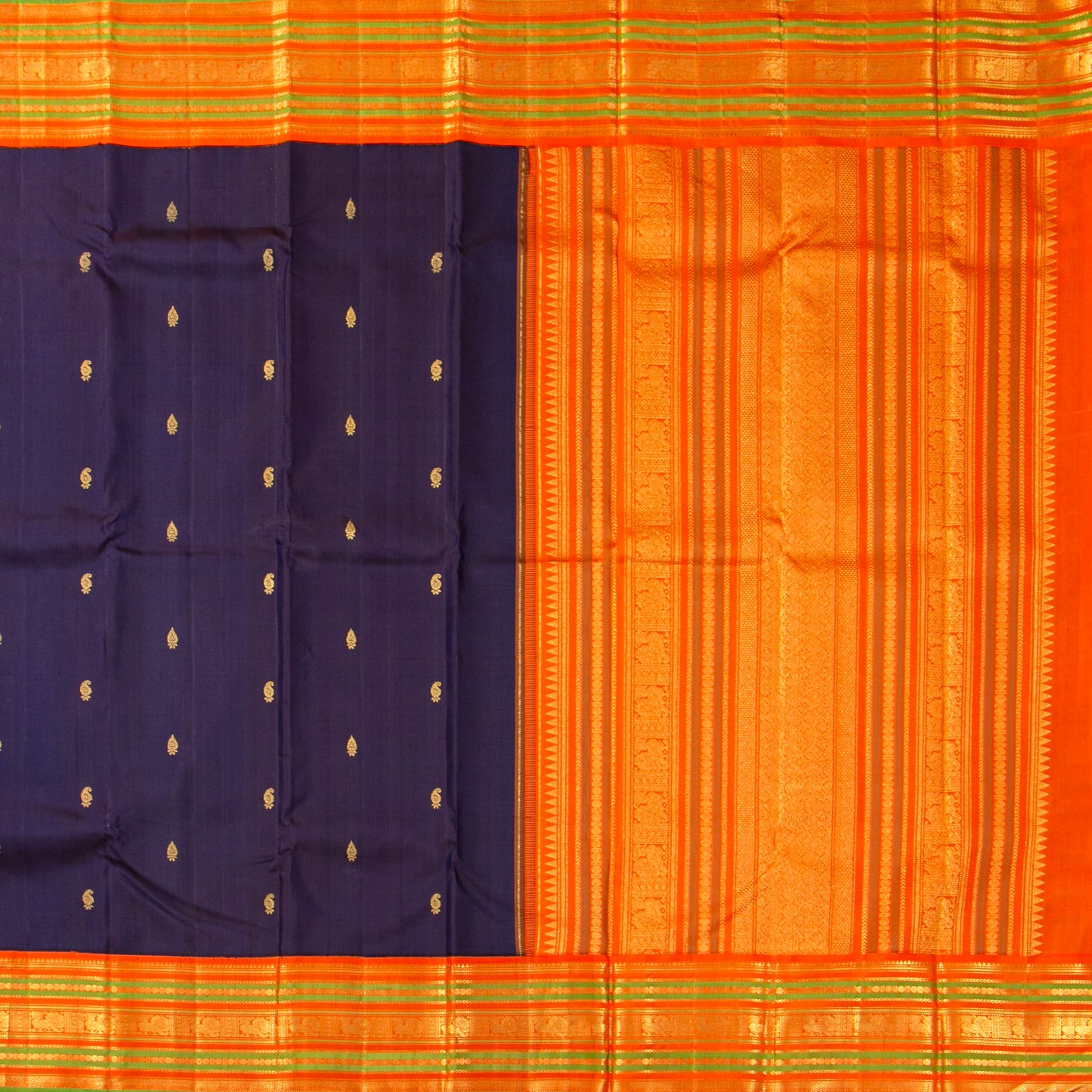 Blue And Orange Kanchipuram Silk Saree For Festive Wear PV J 1549