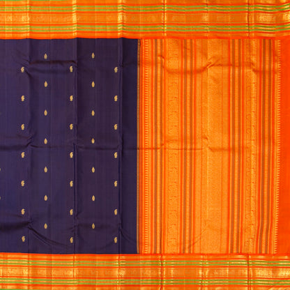 Blue And Orange Kanchipuram Silk Saree For Festive Wear PV J 1549