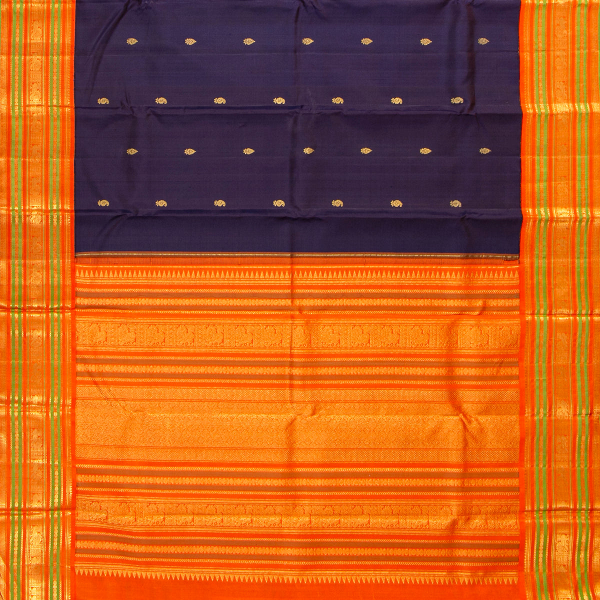 Blue And Orange Kanchipuram Silk Saree For Festive Wear PV J 1549
