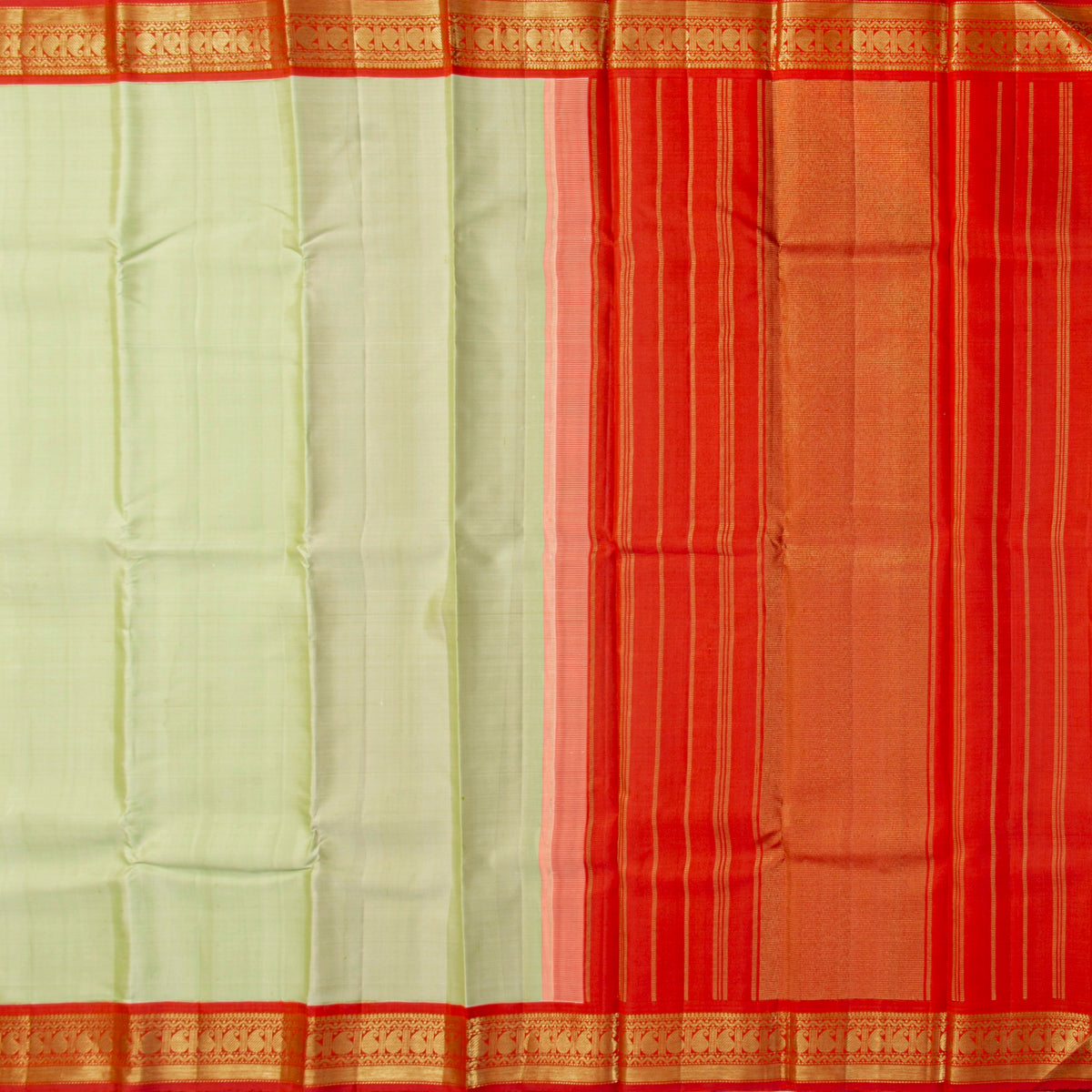 Pista Green And Red Kanchipuram Silk Saree For Festive Wear PV J 2042