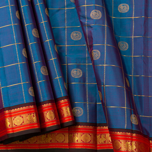 Blue And Red Kanchipuram Silk Saree For Festive Wear PV VIS 128