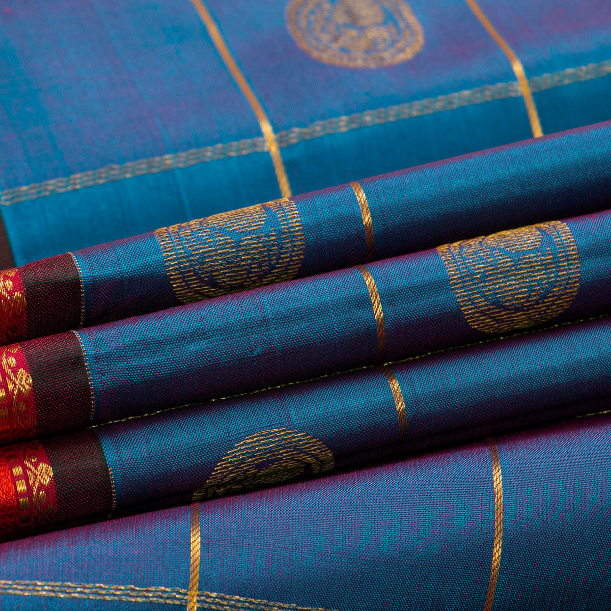 Blue And Red Kanchipuram Silk Saree For Festive Wear PV VIS 128