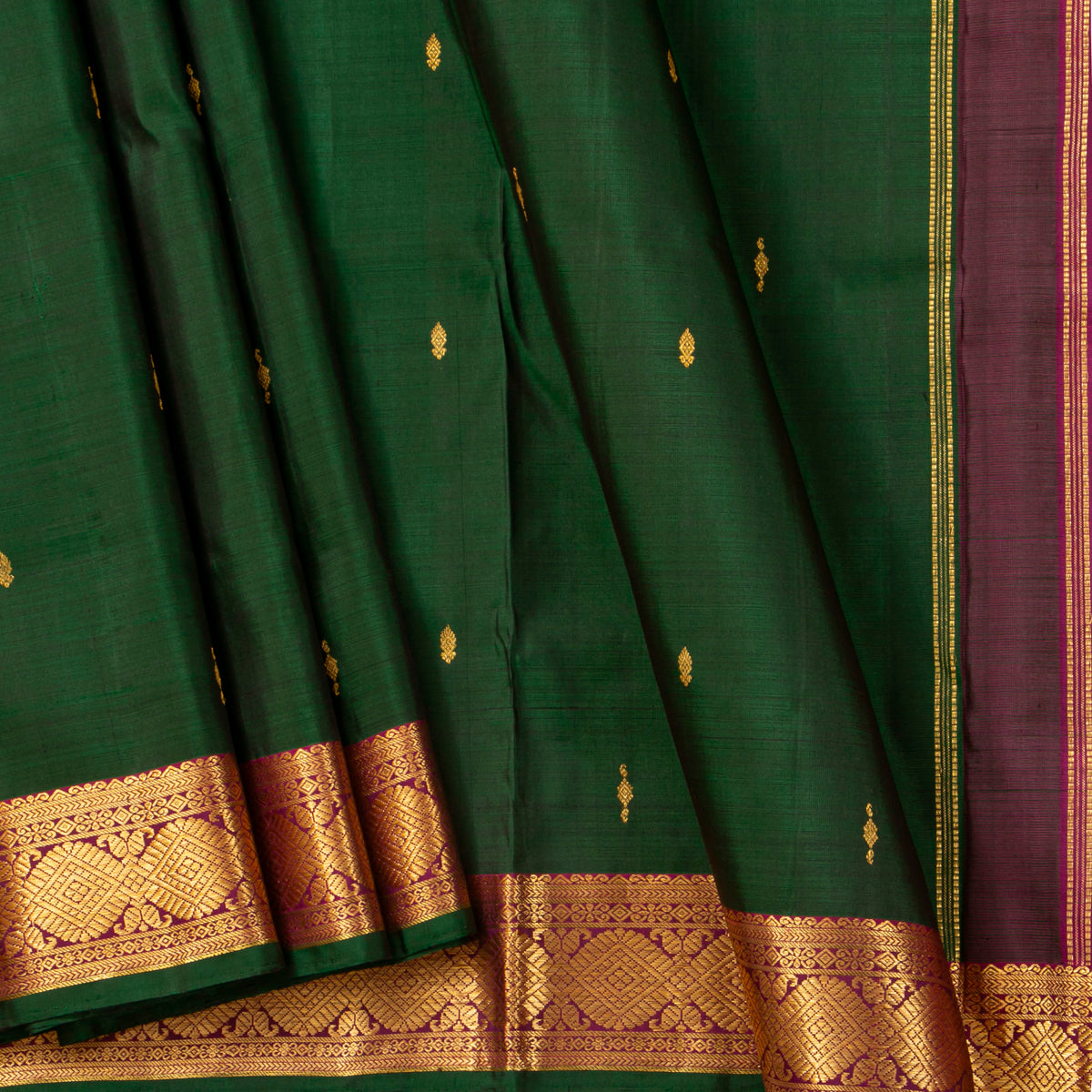 9 Yards Green And Magenta Kanchipuram Silk Saree With Attached Blouse For Festive Wear PV VIS 118