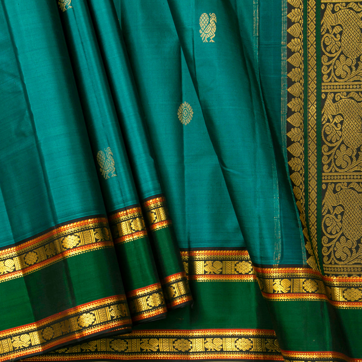 Teal And Black Kanchipuram Silk Saree For Festive Wear PV VIS 127