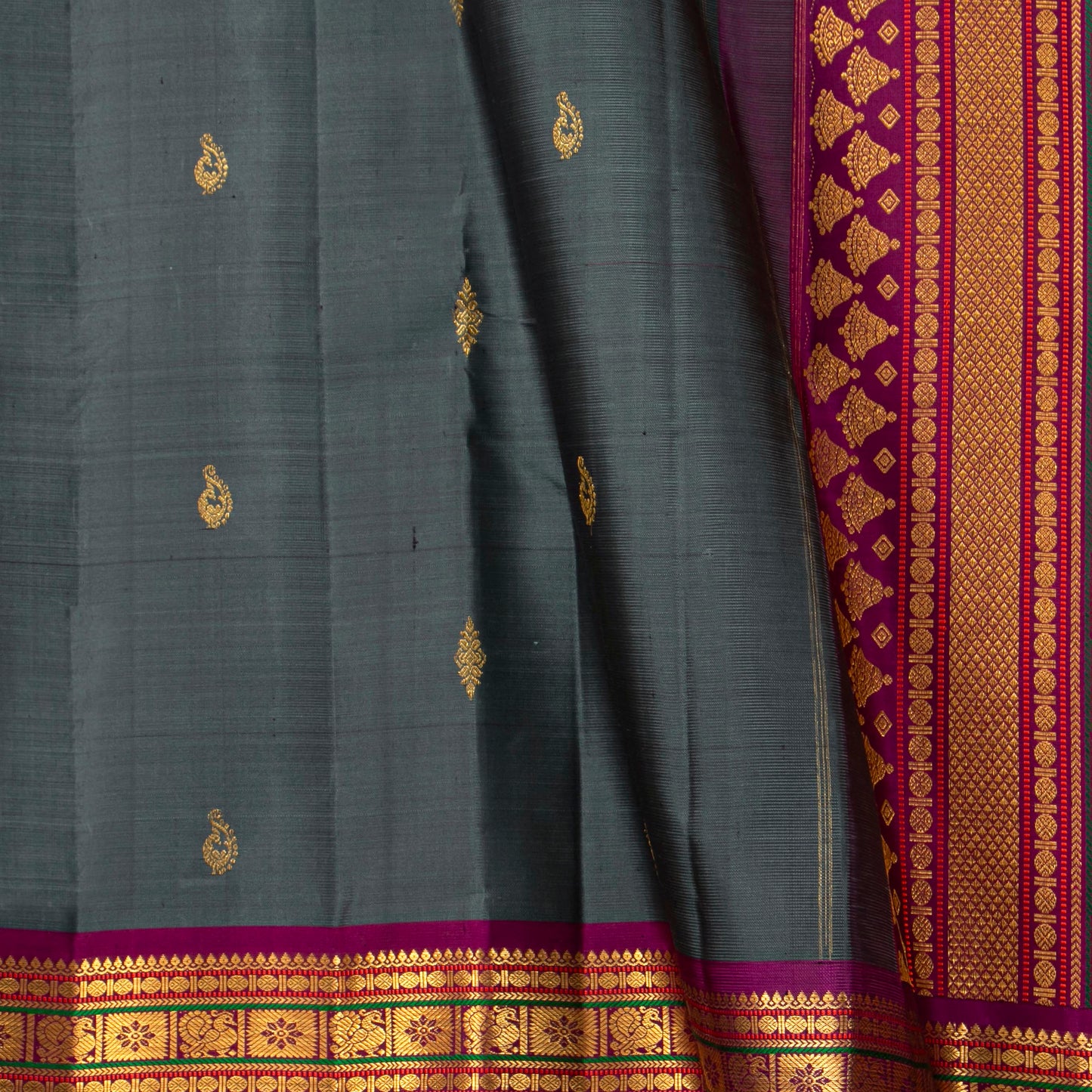Grey And Magenta Kanchipuram Silk Saree For Festive Wear PV VIS 114