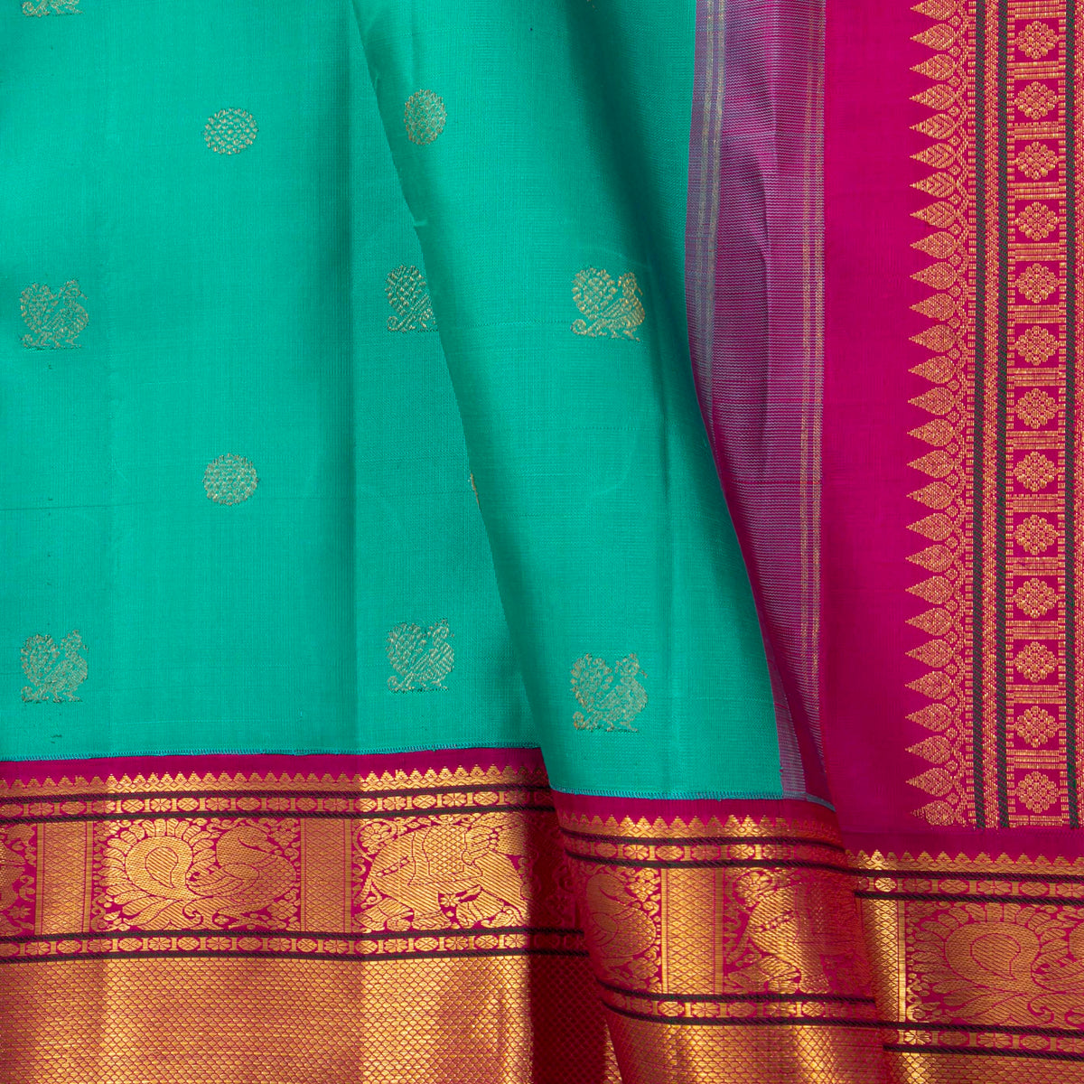 Turquoise Blue  And Pink Kanchipuram Silk Saree For Festive Wear PV VIS 122