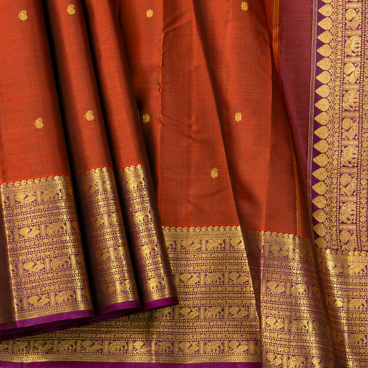 Rust Orange And Magenta Kanchipuram Silk Saree For Festive Wear PV VIS 106