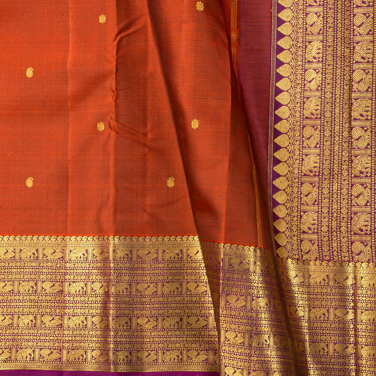 Rust Orange And Magenta Kanchipuram Silk Saree For Festive Wear PV VIS 106