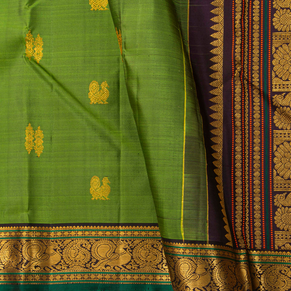 Parakeet Green And Dark Purple Kanchipuram Silk Saree For Wedding Wear PV VIS 104