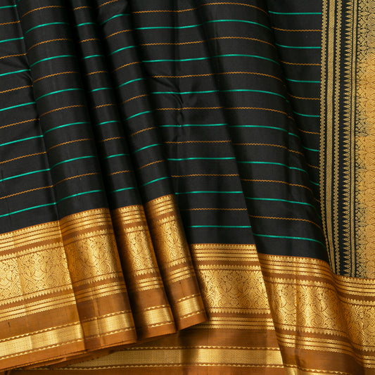 Black And Mustard Kanchipuram Silk Saree Ganga Jamuna Border For Festive Wear PV Men 310