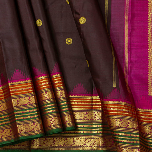 Brown And Magenta Kanchipuram Silk Saree For Festive Wear PV VG 103