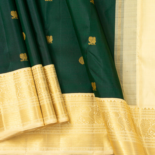 Green And Off White Kanchipuram Silk Saree For Festive Wear PV VG 105