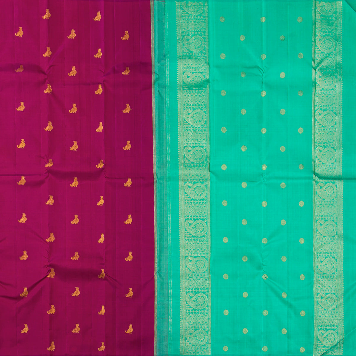 Magenta And Sea Green Borderless Kanchipuram Silk Saree For Festive Wear PV VG 101
