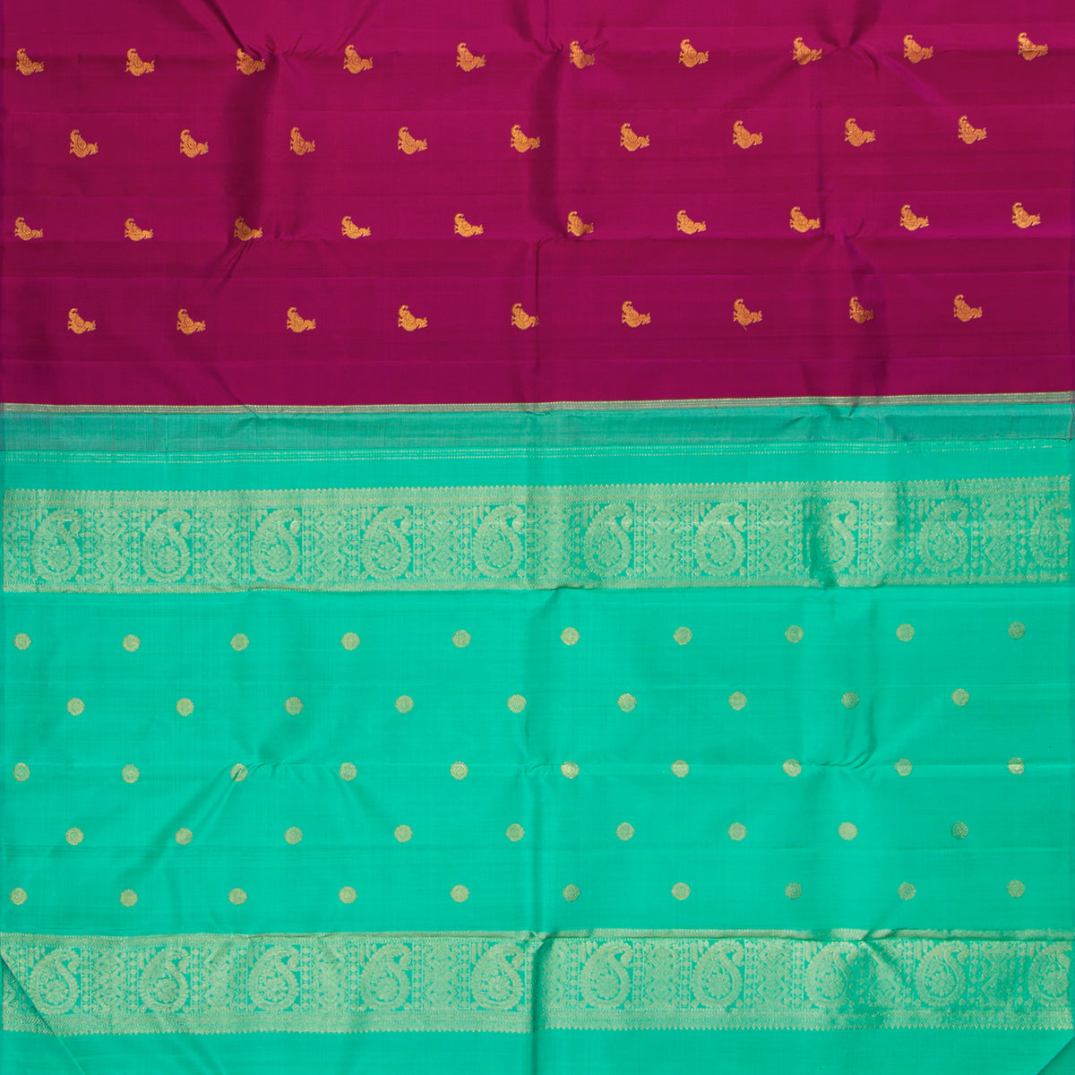 Magenta And Sea Green Borderless Kanchipuram Silk Saree For Festive Wear PV VG 101
