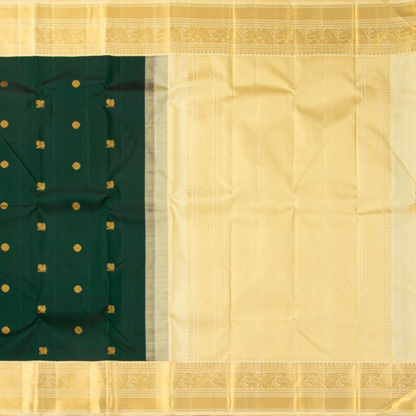 Green And Off White Kanchipuram Silk Saree For Festive Wear PV VG 105