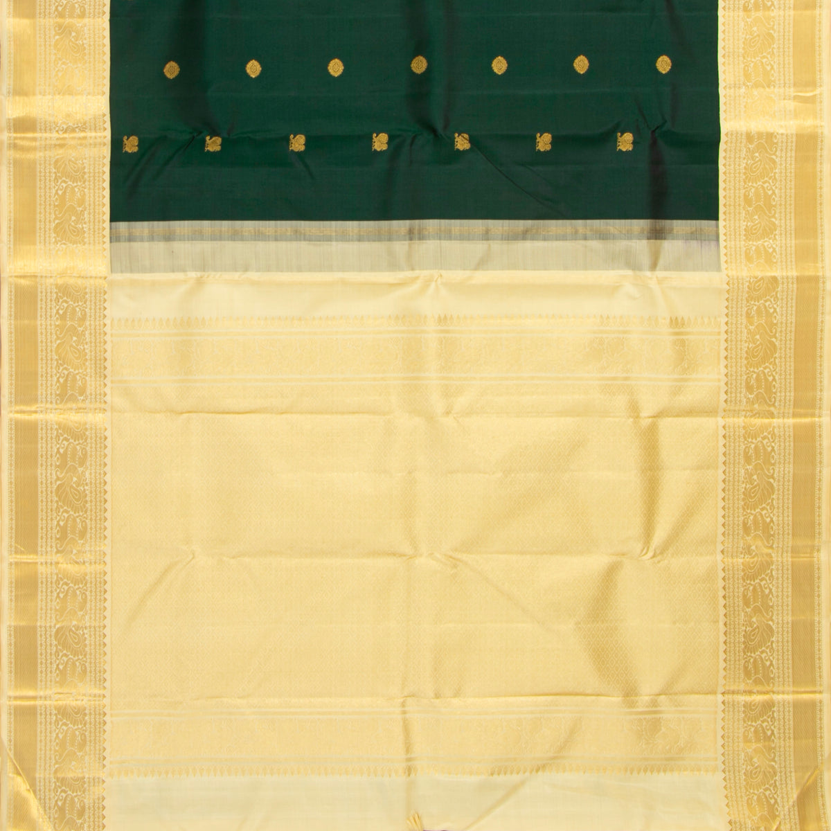 Green And Off White Kanchipuram Silk Saree For Festive Wear PV VG 105