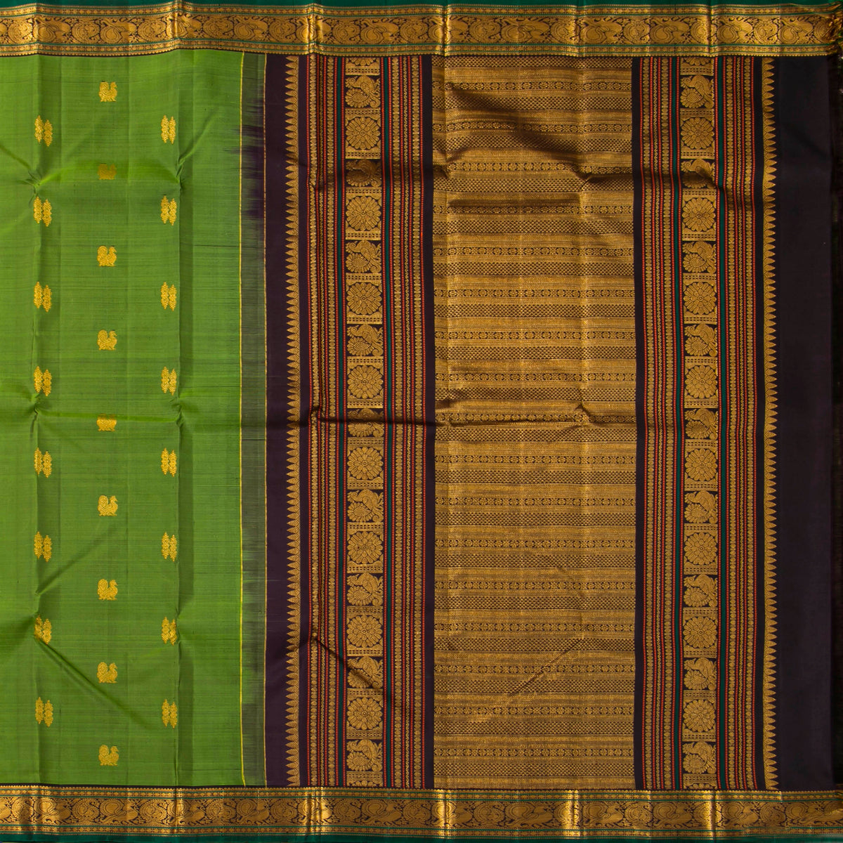 Parakeet Green And Dark Purple Kanchipuram Silk Saree For Wedding Wear PV VIS 104