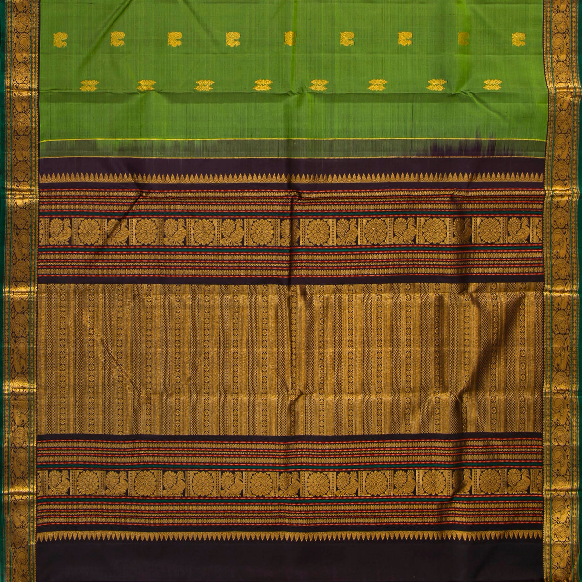 Parakeet Green And Dark Purple Kanchipuram Silk Saree For Wedding Wear PV VIS 104