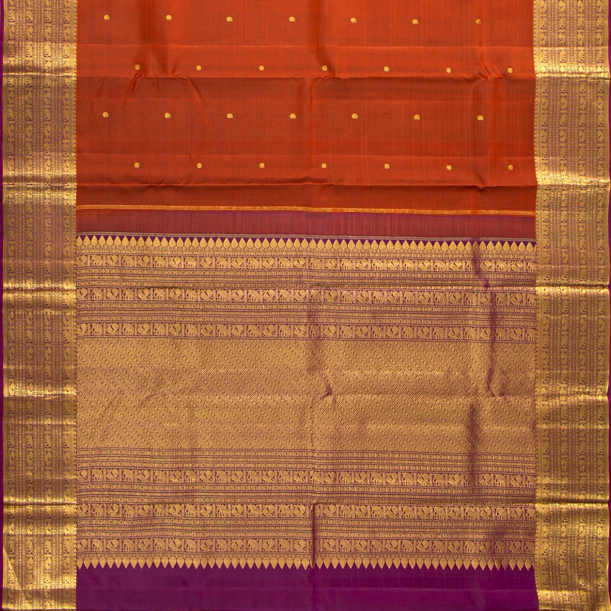 Rust Orange And Magenta Kanchipuram Silk Saree For Festive Wear PV VIS 106