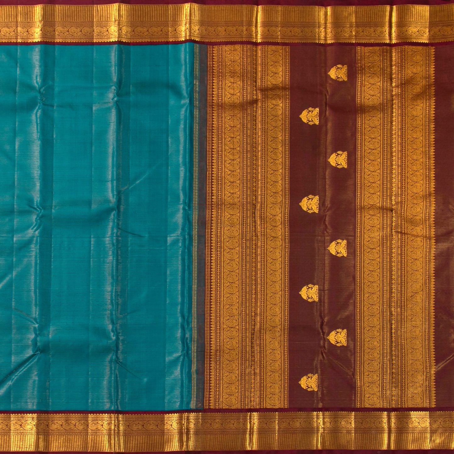 Teal And Brown Kanchipuram Silk Saree Vairaoosi For Festive Wear PV VIS 123