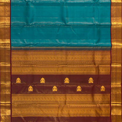 Teal And Brown Kanchipuram Silk Saree Vairaoosi For Festive Wear PV VIS 123