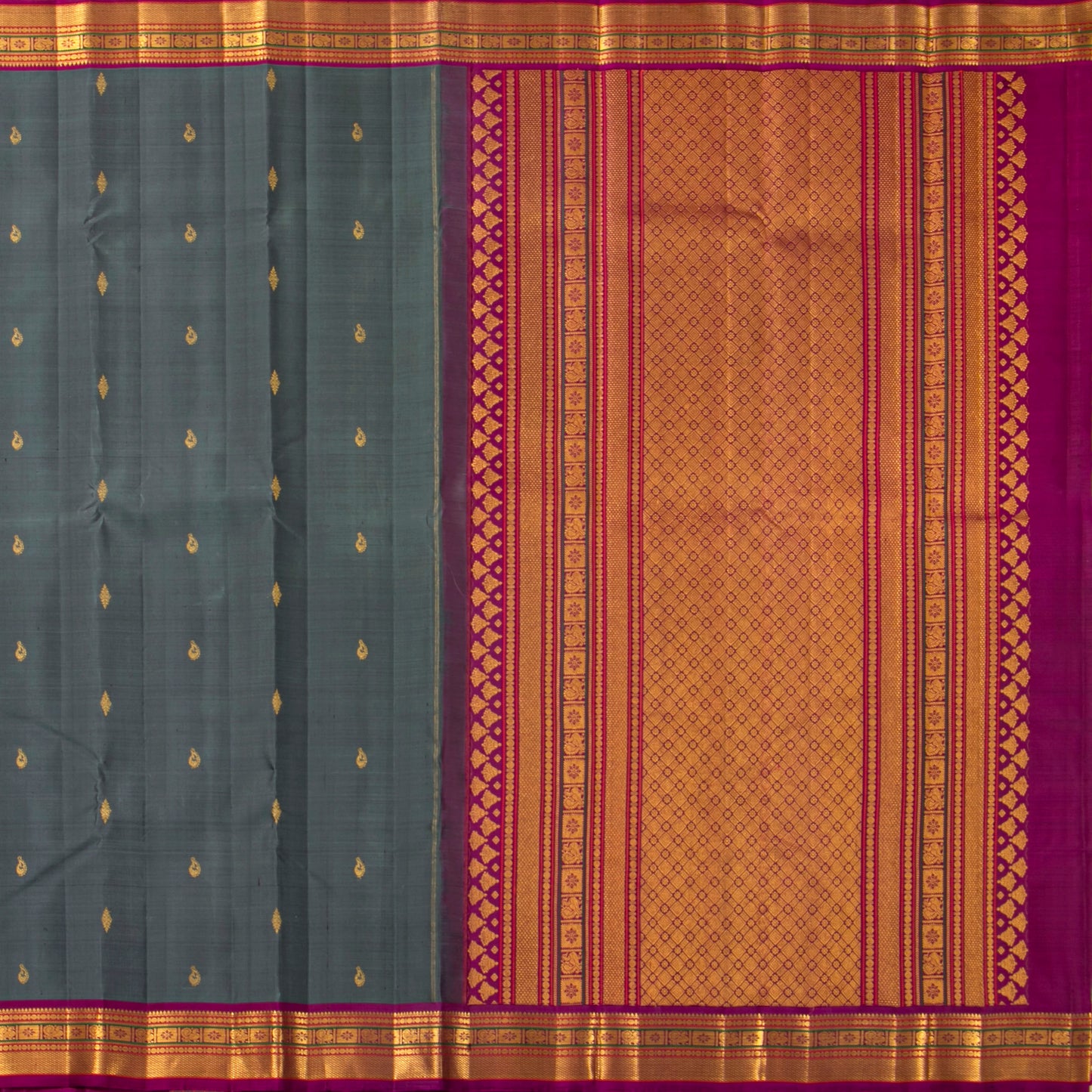 Grey And Magenta Kanchipuram Silk Saree For Festive Wear PV VIS 114
