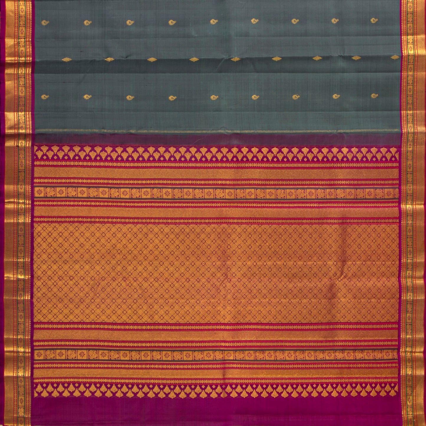 Grey And Magenta Kanchipuram Silk Saree For Festive Wear PV VIS 114