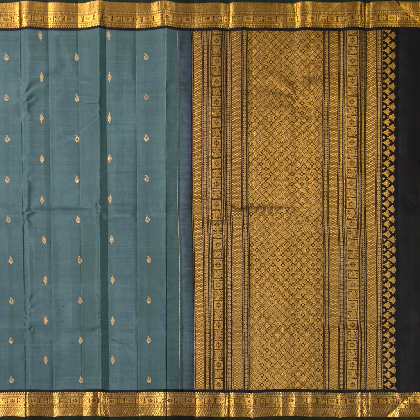 Grey And Black Kanchipuram Silk Saree For Wedding Wear PV VIS 111