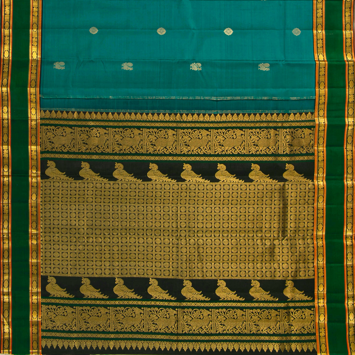 Teal And Black Kanchipuram Silk Saree For Festive Wear PV VIS 127