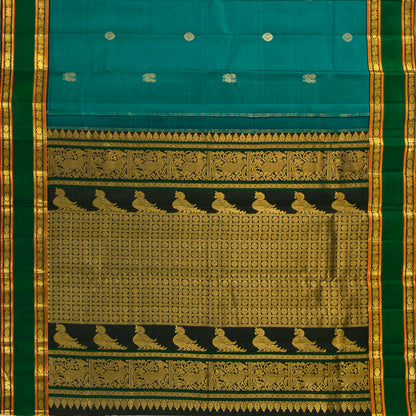 Teal And Black Kanchipuram Silk Saree For Festive Wear PV VIS 127
