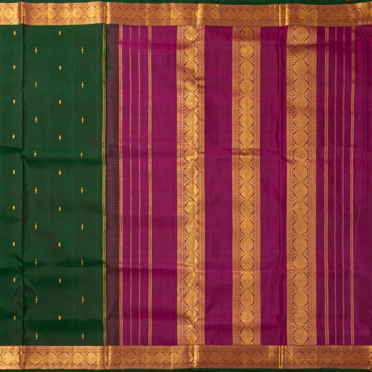 9 Yards Green And Magenta Kanchipuram Silk Saree With Attached Blouse For Festive Wear PV VIS 118